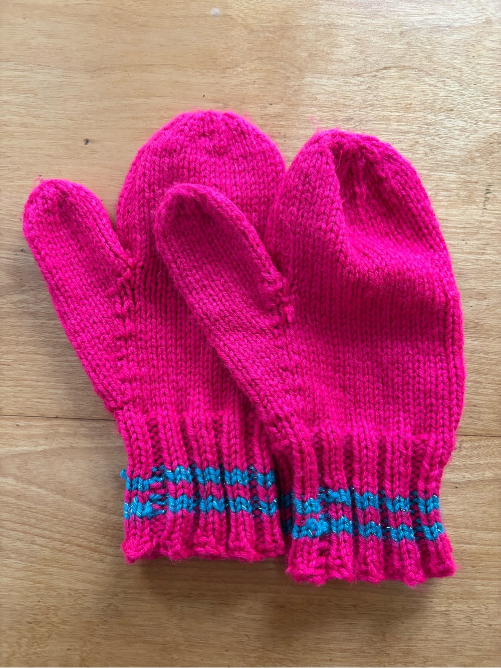 Bright Pink Knit Mittens with Teal Stripe